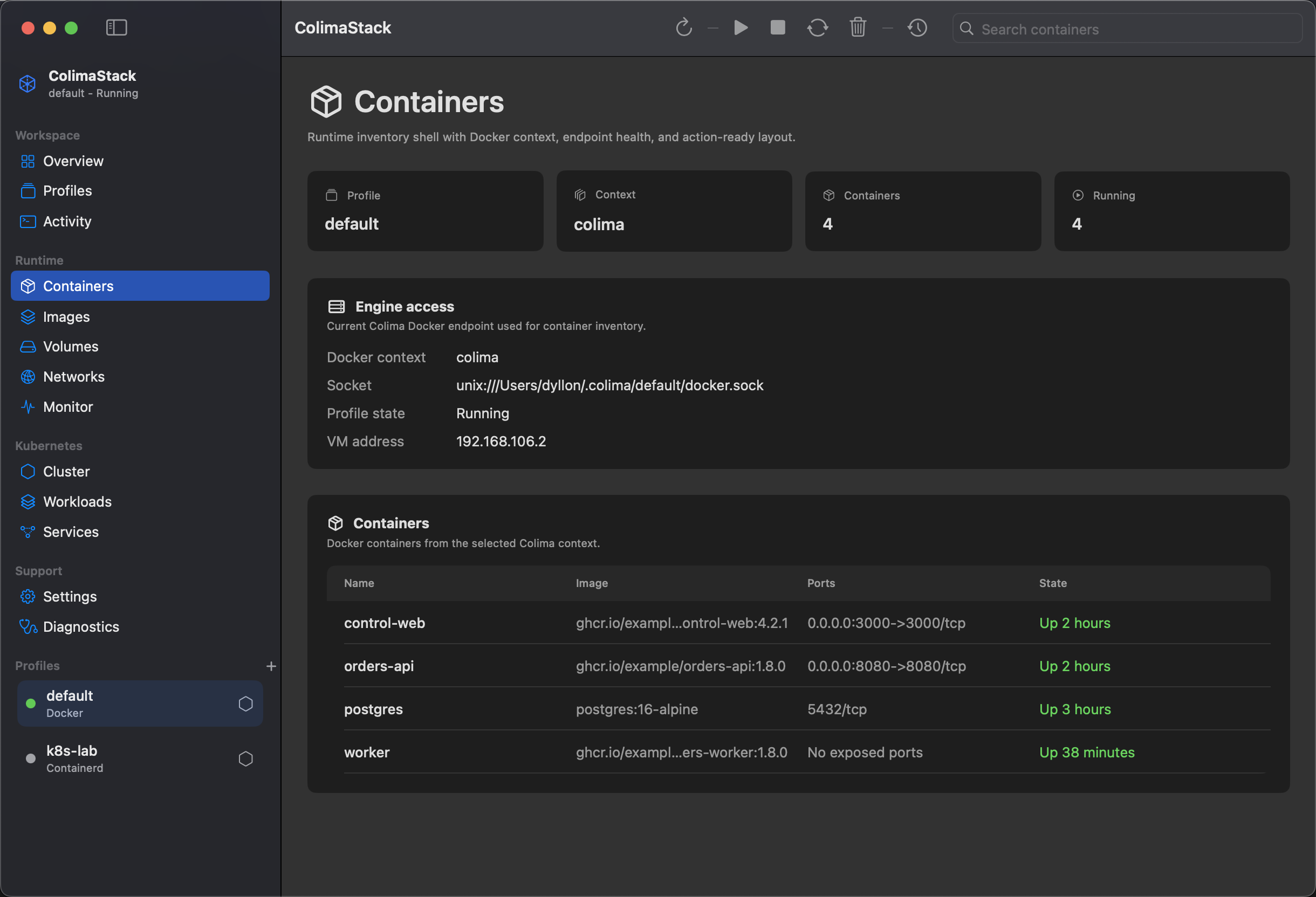 ColimaStack Docker containers view with status, image, ports, and state columns.