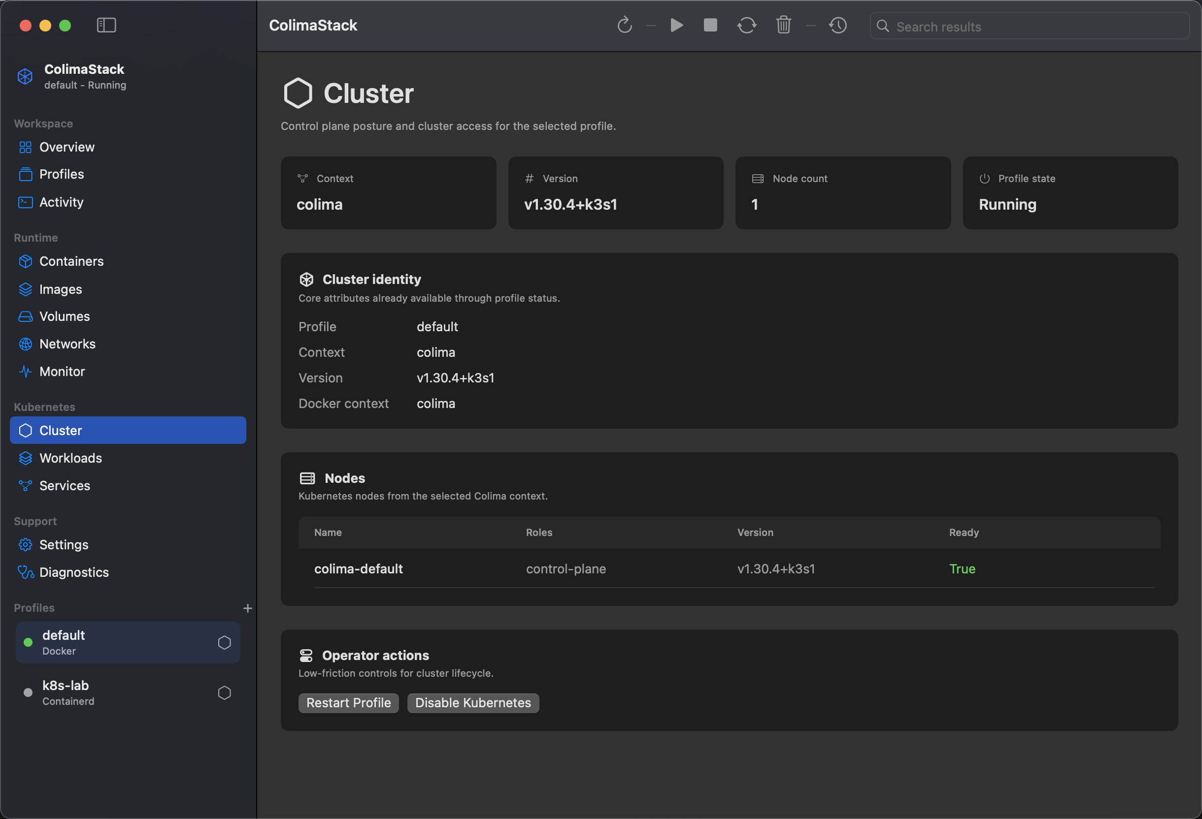 ColimaStack Kubernetes cluster view with node and cluster information.