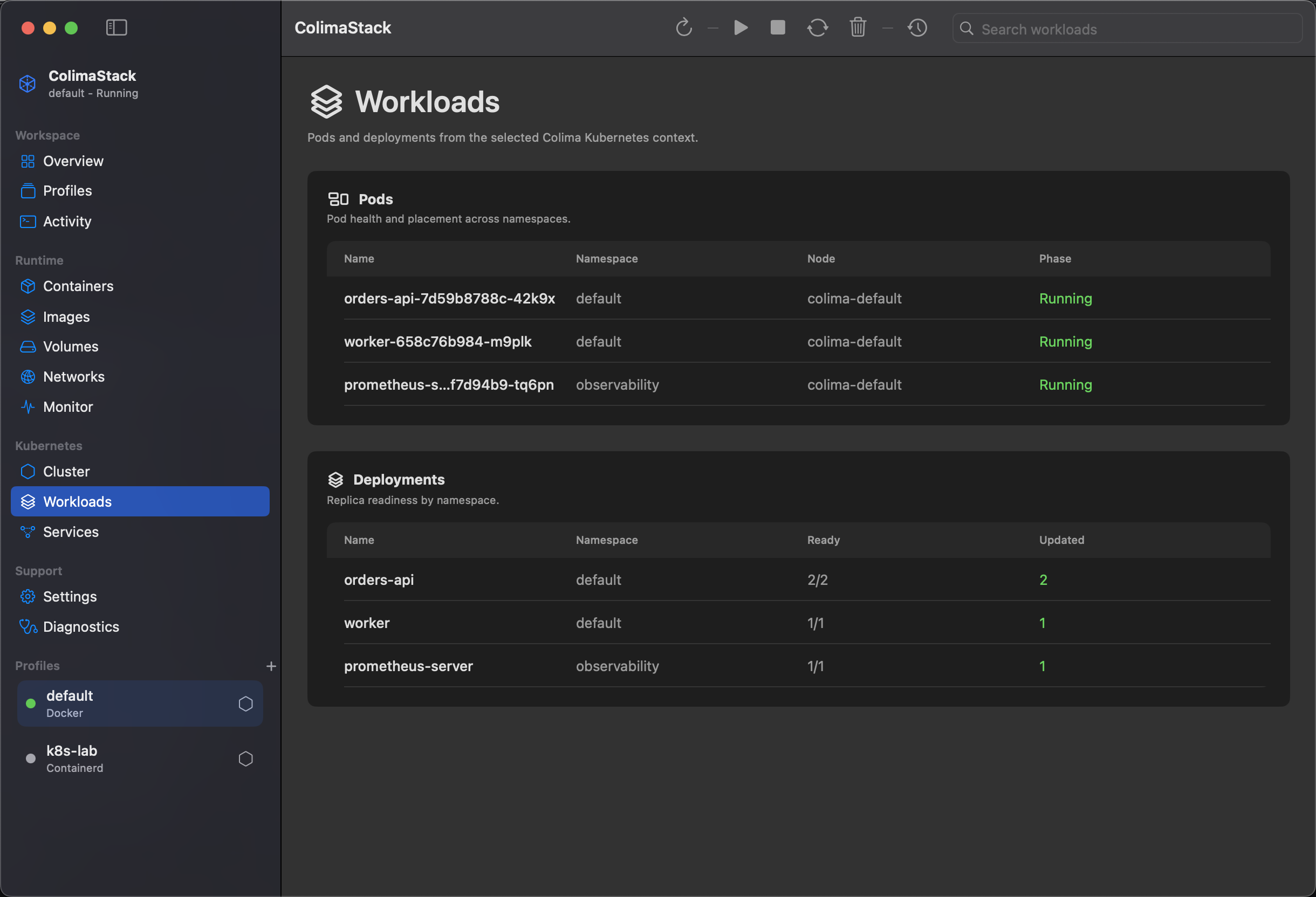 ColimaStack Workloads screenshot