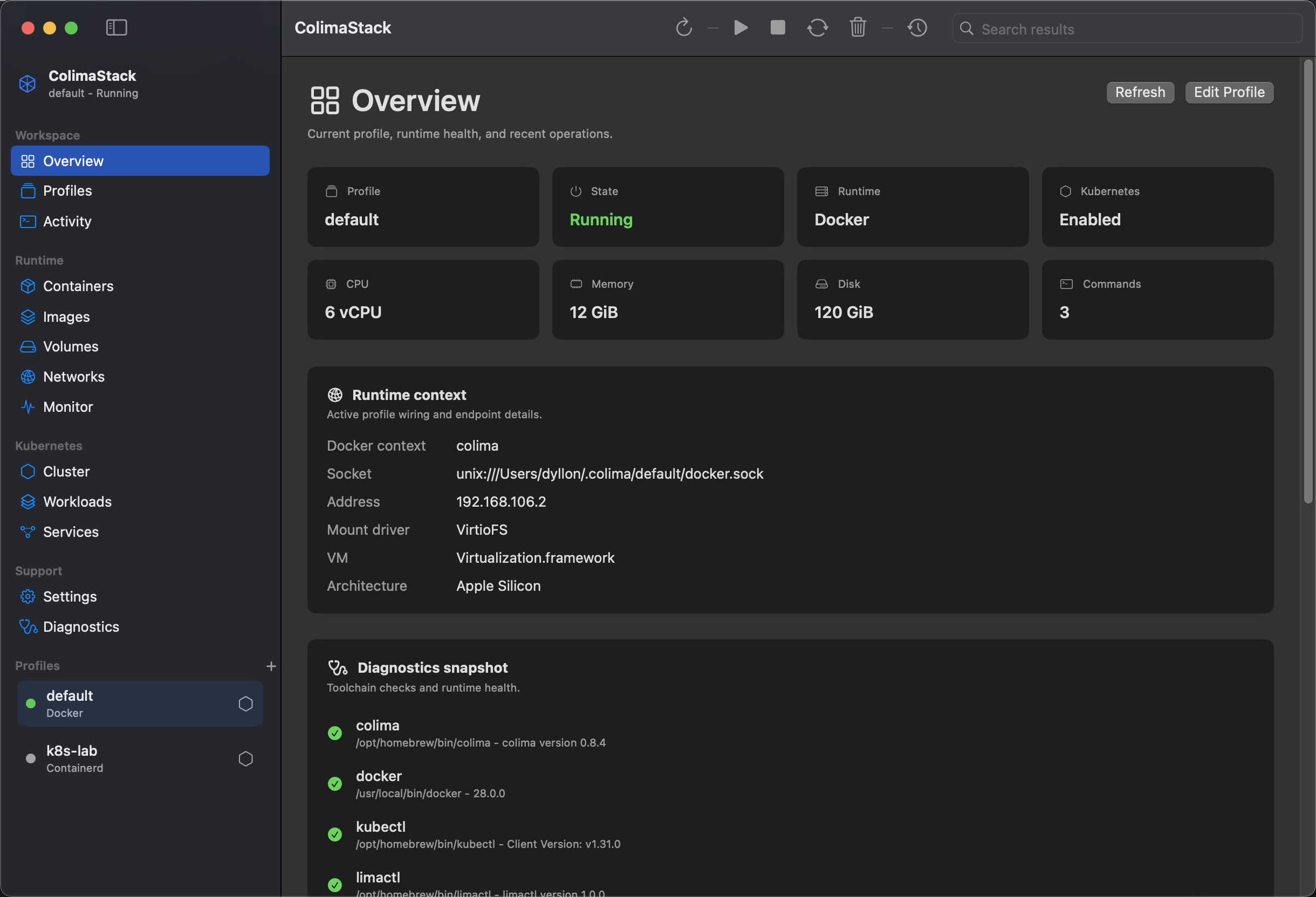 ColimaStack overview dashboard showing profile status, runtime health, and backend resources.